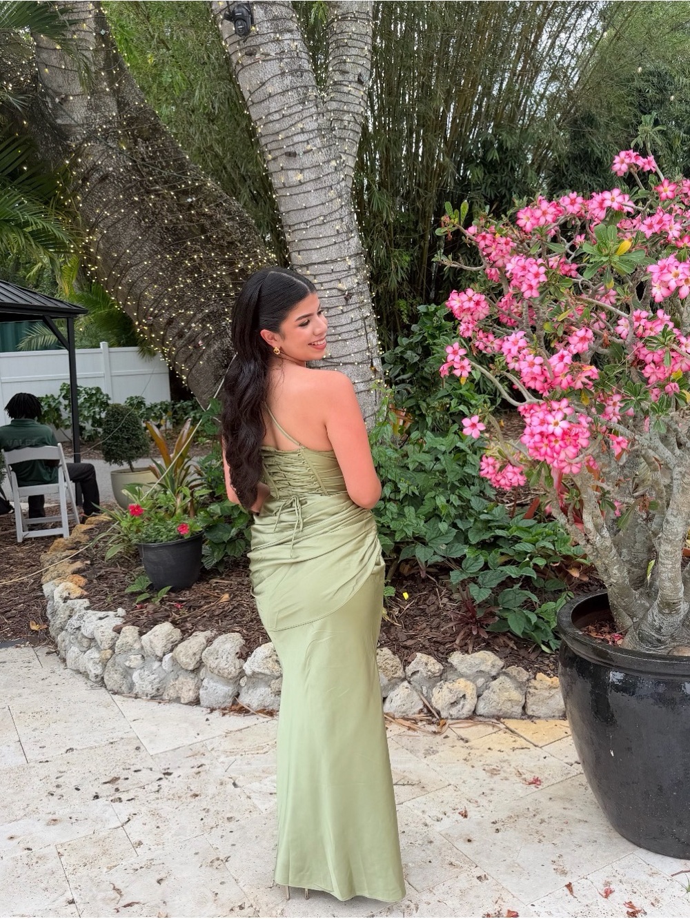 Asymmetric Satin Slip Dress with Ruched Back in Sage Green BABYBOO